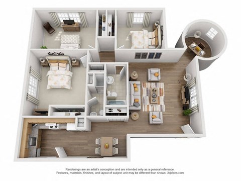 a 3d floor plan of a 1 bedroom apartment